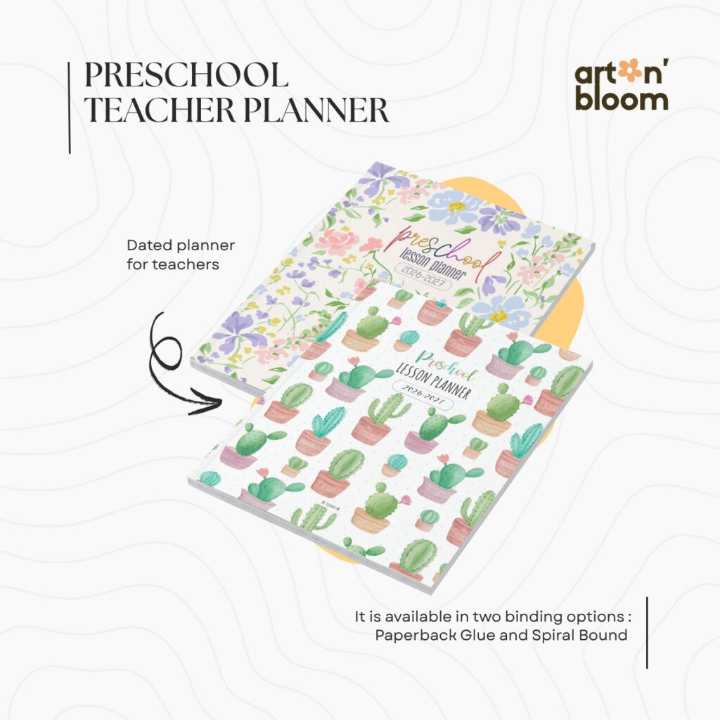 Teacher planner for preschool available in paperback glue bound and spiral bound